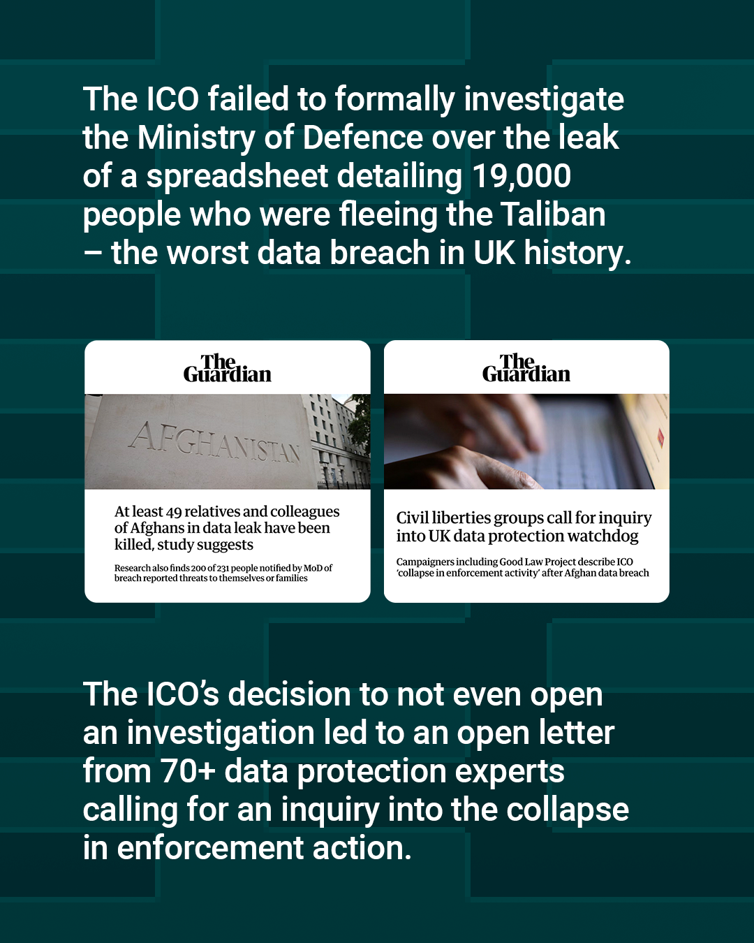 Image: On top of a dark turquoise patterned background are screenshots of two articles from The Guardian 'At least 49 relatives and colleagues of Afghans in data leak have been killed, study suggests – Research also finds 200 of 231 people notified by MoD of breach reported threats to themselves or families' and 'Civil liberties groups call for inquiry into UK data protection watchdog – Campaigners including Good Law Project describe ICO
'collapse in enforcement activity after Afghan data breach'.
Text: The ICO failed to formally investigate the Ministry of Defence over the leak of a spreadsheet detailing 19,000 people who were fleeing the Taliban - the worst data breach in UK history.
The ICO's decision to not even open an investigation led to an open letter from 70+ data protection experts calling for an inquiry into the collapse in enforcement action.